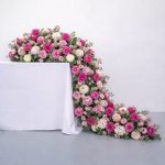 Artificial Dark Pink Green Rose Flower Table Runner 43cm×100cm