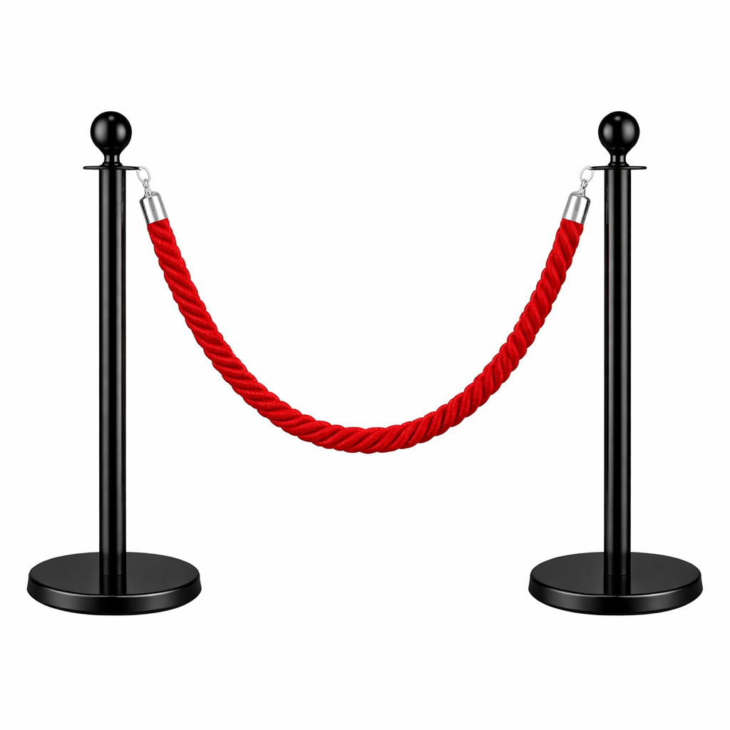 11 2x Black Bollards Crowd Barriers 1x Red Twisted Rope - Image 1
