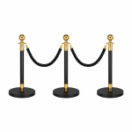 3x Black & Gold Bollards Crowd Barriers 2x Black Twisted Rope