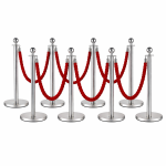 8x Silver Bollards Crowd Barriers 6x Red Twisted Rope