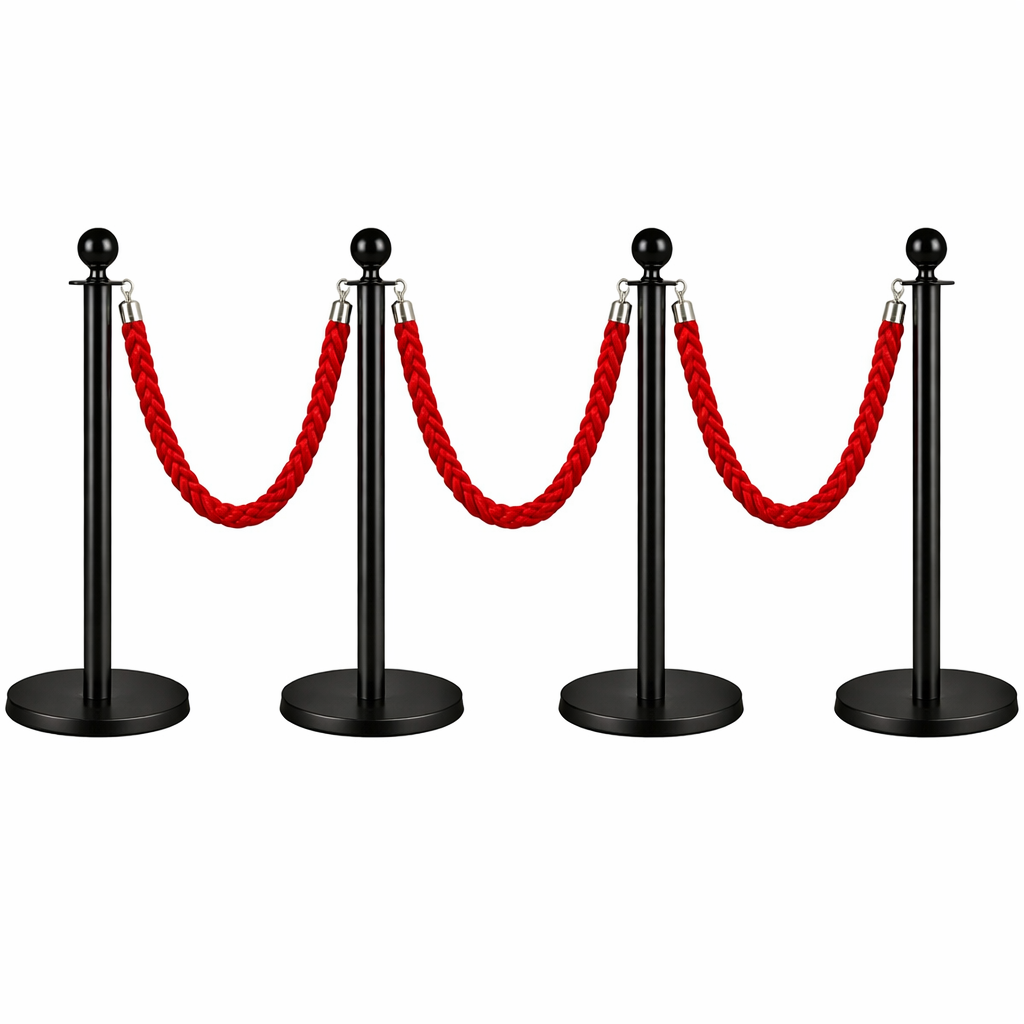 zz 4x Black Bollards Crowd Barriers 3x Red Twisted Rope - Image 1