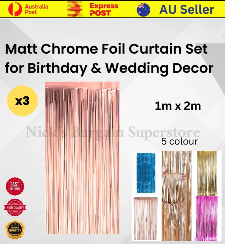 3x Matt Chrome Foil Curtain Door Decoration for Birthday & Wedding Party 1m x 2m xtradeal
